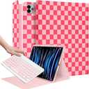 Wazzasoft for iPad Air 13 inch Case Keyboard M2/M3, for iPad Pro 12.9 Case with Keyboard Pencil Holder Folio Women Girls Cute Kawaii for Apple Tablet Cover Air 13, Pro 12.9 inch, Pink Checkered