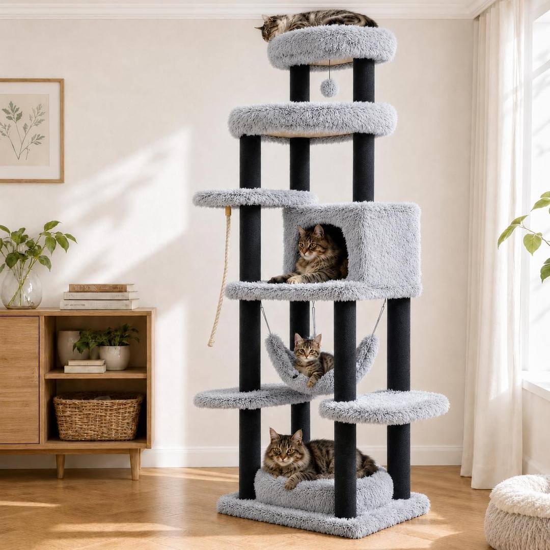 MUTTROS 73in Heavy Duty Cat Tree Tower for Large Cats, Soft Long Plush, 21.7"L x 17.3"W x 72.8"H