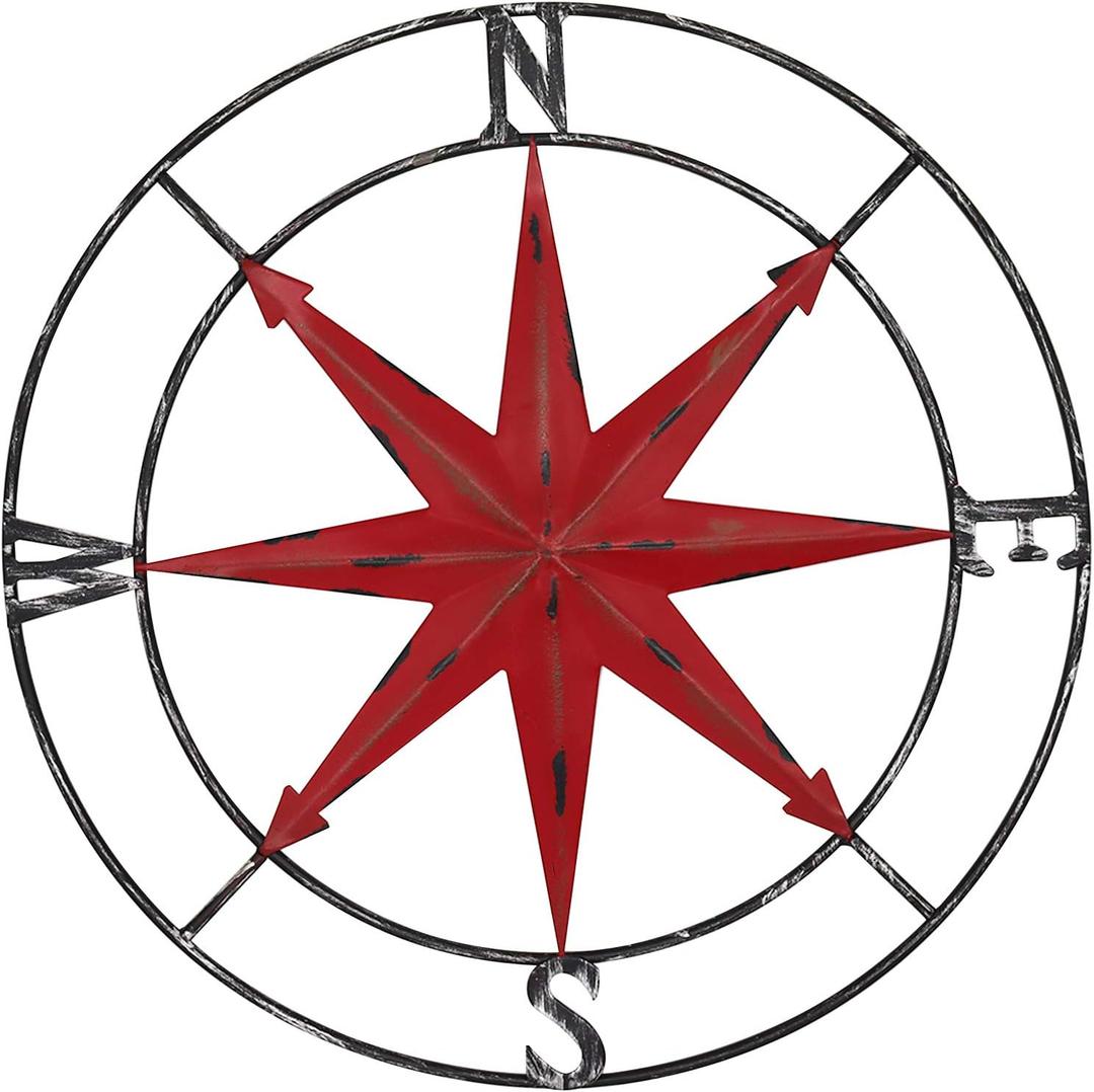 Aboxoo Round Metal Compass Decorative Compass Metal Wall Art Hanging Wall Sculpture 11 Inch Diameter Farmhouse Decor Indoor or Outdoor Sign (Red)