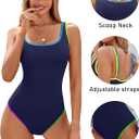 BMJL Women's One Piece Swimsuit Sports Adjustable Strap Bathing Suit Color Block Ribbed High Cut Swimsuits (Blue, S)