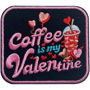 Coffee is My Valentine Patch, Size 3 Inches Iron On Valentine's Day Embroidery Patches for Hats Clothes Backpacks Jeans, DIY Sew On Patches, Fabric Patches, Pink Iced Coffee Gift for Boy Girl