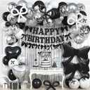 Black Bow Birthday Decorations, Coquette Bow Black and White Silver Balloons with Happy Birthday Banner Fringe Curtain Cake Toppers for Women Girls Baby Shower Party Supplies