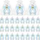 Newtay Holy Water Bottles Catholic Bulk Glass Baptism Favors for Guests Christian Water Container with Cross Organza Bags Bow for Holy Communion Gifts Church Wedding Baptism(Blue,24 Set)