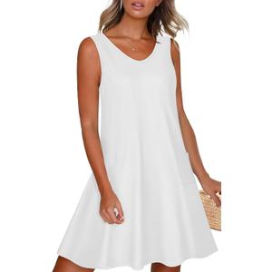 elescat Womens Summer Dresses Casual V Neck Sleeveless Pockets Beach Loose Tank Sundress (Size Large, White)