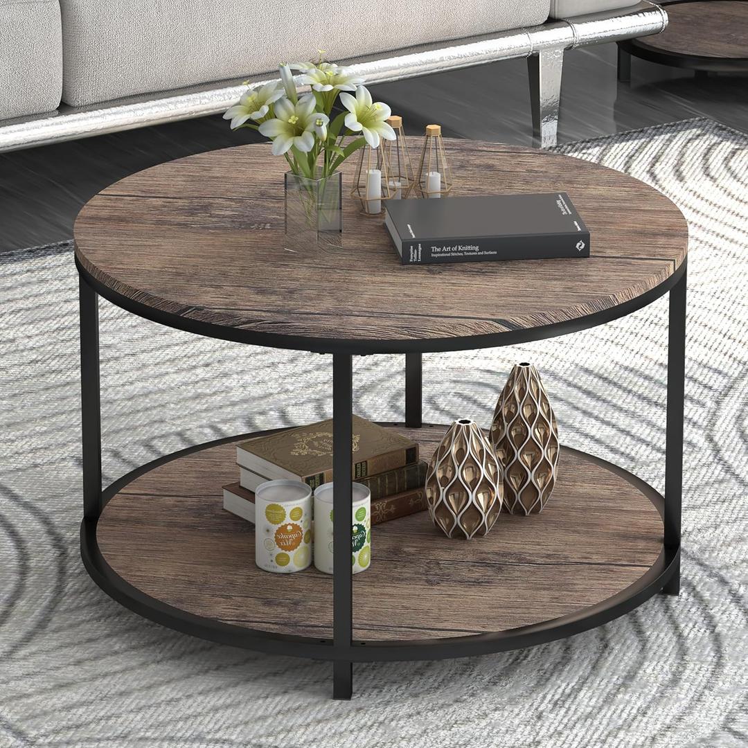 NSdirect Round Coffee Table, 25.6" Small Coffee Table for Living Room,2-Tier Rustic Wood Desktop with Storage Shelf Modern Design Home Furniture(Light Walnut) (25.6 in)