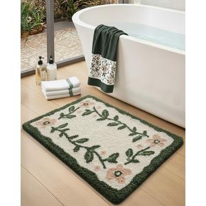 Floral Bathroom Rugs 32x20, Green Leaf Bathmat Non Slip, Washable Absorbent Quick Dry Bath Mat, Soft Plush Microfiber Cute Pink Flower Shower Rug for Shower Floor, Tub, Sink, Beige