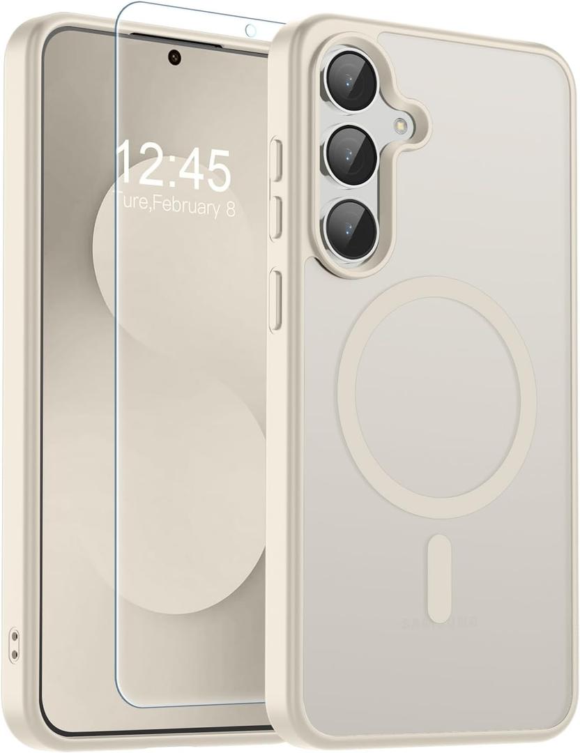 SUPFINE Magnetic for Samsung Galaxy S25 FE Case with Screen Protector,(Compatible with MagSafe)(Military Grade Drop Protection) Slim Translucent Shockproof Phone Case,Stone