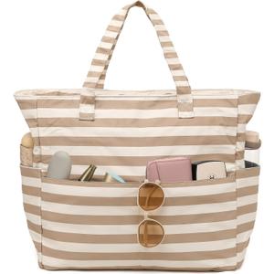 LEDAOU Large Beach Bag Women Waterproof Sandproof Zipper Beach Tote Pool Bag for Swim Gym Grocery Travel with Wet Pocket | Waterproof, Sandproof, Zipper, Pool, Gym, Grocery (1 Piece - F-light Brown Stripes)
