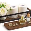 Kathfly Toilet Tank Tray Set (2 Pack), Rustic Toilet Top Storage Basket with Handle + Wooden Vanity Tray, Bathroom Counter Organizer for Paper, Wipes, Perfume & Decoration