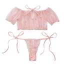 Lilosy Sexy Stretch Ruffle Tie Sheer Mesh Lingerie Set Outfits 2 Piece Women Kawaii Cute See Through Matching Bra Panty Underwear Polka Dot Pink Medium Medium