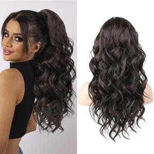 SEIKEA Ponytail Extension, 20" Lightweight Fluffy Drawstring Ponytail, Long Wavy Curly, Multi-layered Clip in Hair Extension, Natural Soft Synthetic Hairpiece, Black Brown