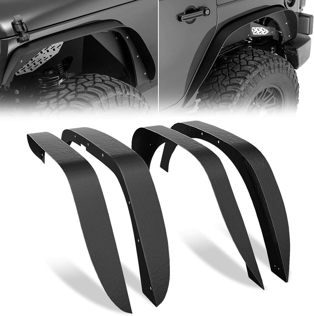 for Wrangler JK Flat Front and Rear Fender Flares Combo Compatible with 2007-2018 Jeep Wrangler JK JKU Unlimited, 4-Piece Off-Road Heavy Duty Steel Wheel Fenders Kit (2/4 Doors, Textured Black)