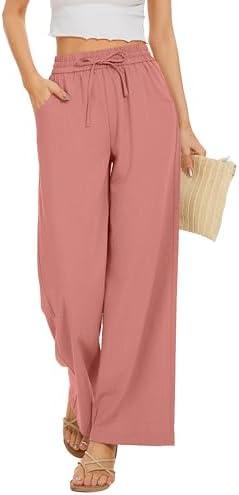 KICZOY Women Flowy Pants Drawstring Waist Wide Leg Palazzo Beach Pants Loose Fit with Pockets XL