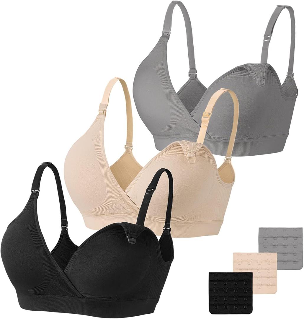 Vinfact 3 Pack Nursing Bras for Breastfeeding Seamless V Neck Maternity Bra Women Pregnancy Breastfeeding Bra (Large, Black/Nude/Grey)