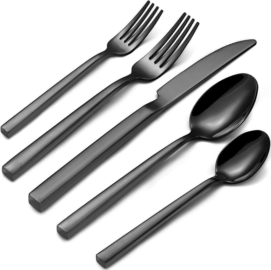 Black Silverware Set for 8, Heavy-Duty Stainless Steel Black Flatware Set, Cube Handle Cutlery Set, Mirror Polished, Dishwasher Safe, 40-Piece