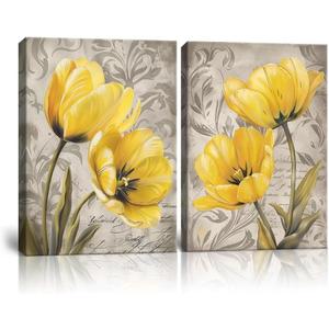 Yellow and Gray Flowers Canvas Wall Art Tulip Picture Prints Artwork Modern Floral Wall Decor for Living Room Bedroom Bathroom Decor Plant Painting Framed 2 Pieces, 16"W x 24"H inch x 2 pc