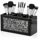 SHYFOY Black Makeup Brush Holder Organizer, 3 Slots Glass Cosmetic Brushes Storage with Crushed Diamond, Pencil Pen Holder for Desk, Desk Organizer and Accessories for Vanity