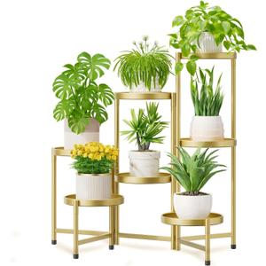 iDavosic.ly 7 Tier Large Plant Stand Indoor, 10 Inch Wide Tall Corner Metal Plant Stands Outdoor for Multiple Plants, Folding Tiered Flower Display Holder Rack Shelf, Gold