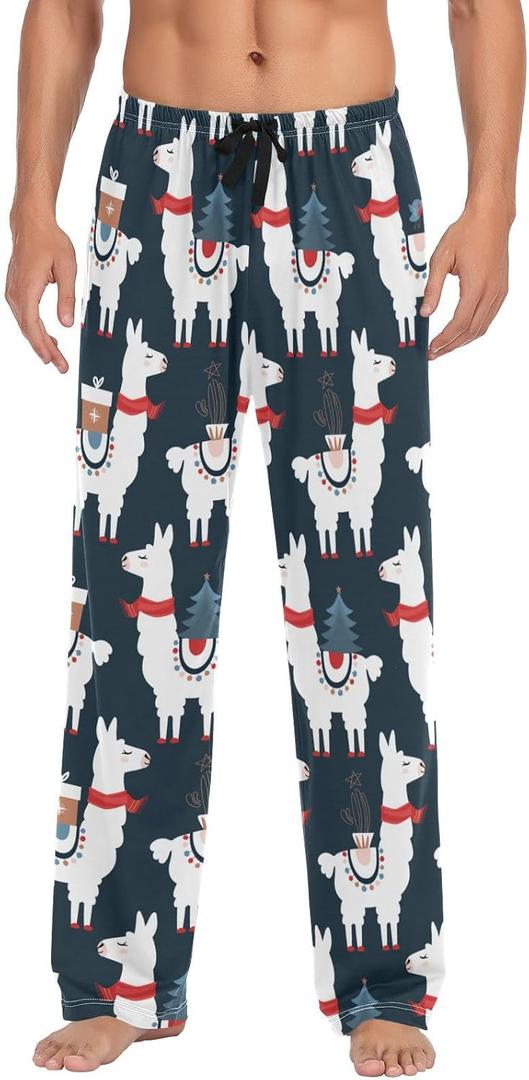 Mens Pajama Pants Cute Christmas Llamas Alpaca Lounge Pants with Pockets,Elastic Waist Sleep Bottoms (Large)
