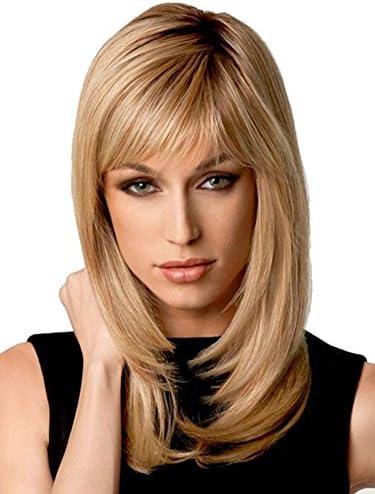 Auflaund Natural Ombre Blonde Straight Wigs Long Bob Straight Blonde Hair Wig with Side Bangs for Women + Wig Cap 21 Inch