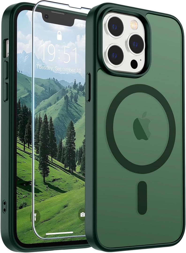 SUPFINE Magnetic for iPhone 13 Pro Case (Compatible with MagSafe) (Military Grade Drop Protection) Translucent Matte Shockproof with Anti-Fingerprint Phone Case,Forest Green