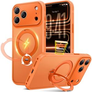 360 Spin Magnetic Stand for iPhone 17 Pro Case, Fit for MagSafe, All Around 4X Military-Grade Protection, Full Camera Protection,Anti-Slip Slim Phone Case for iPhone 17 Pro 6.3", Cosmic Orange