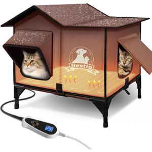 Large Heated Cat House for Outside 21x17x17 in with Elevated Base Cat-Attracting Eave Design Feral Stray Shelter,Intelligent Controller and Waterproof Cat Heated House Shelter for Outdoor (Brown)