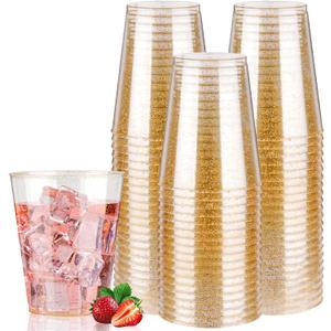 Goodluck 10 oz 50 PCS Gold Glitter Plastic Cups, Disposable Glitter Cups, Elegant Plastic Cocktail Glasses, Fancy Party Cups for Wedding, Birthday, Holiday