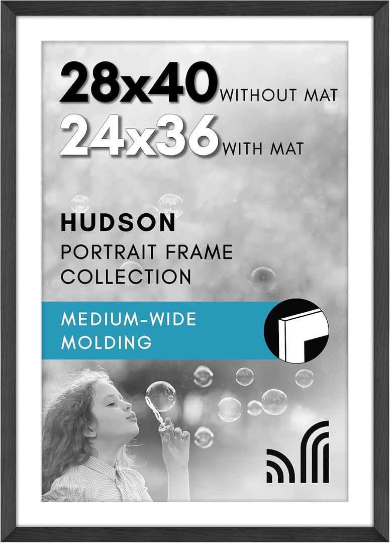 Americanflat 28x40 Poster Frame with Polished Plexiglass - Use as 24x36 Frame with Mat or Display 28x40 Photo Without Mat - Hudson Collection - Wide Picture Frames for Wall Display - Black