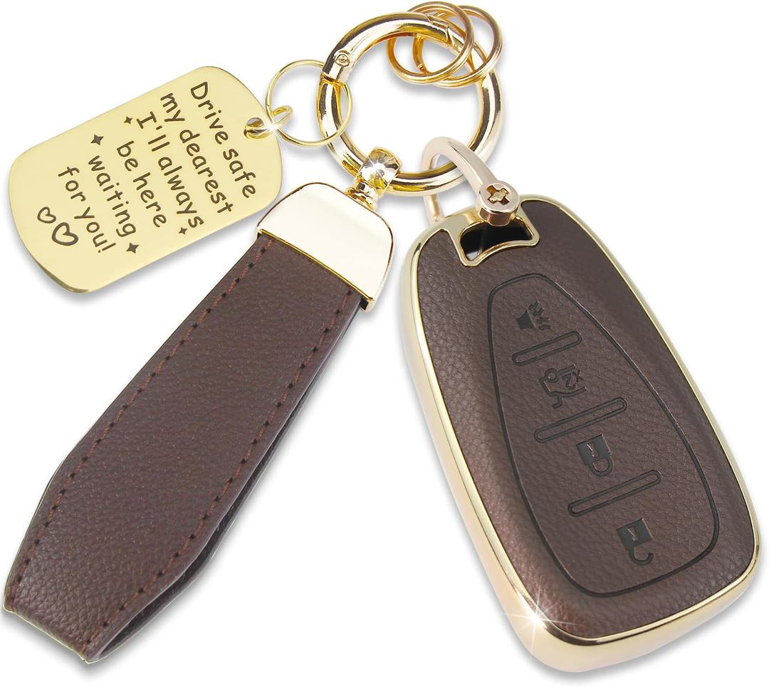 Soft TPU & Leather Key Fob Cover Compatible with Chevy Blazer Camaro Cruze Traverse Equinox Malibu Bolt EV Sonic Spark Trax Volt , with Keychain & Metal Blessing Tag (4 Button Coffee)