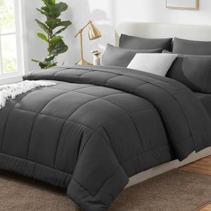 CozyLux Grey Comforter for Queen Size Bed 7 Pieces Bed in a Bag Dark Gray Comforter Set Queen Set Bedding Sets with All Season Quilted Comforter, Flat Sheet, Fitted Sheet, Pillowcases, Dark Gray (Dark Grey)