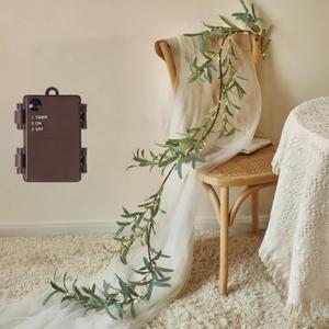 Fudios Lighted Olive Garland Battery Operated with Timer 96 LED Fairy Lights 6ft, Mantle Fireplace Vine Garland with Lights for Spring Easter Decoration Christmas Valentines Wedding Party