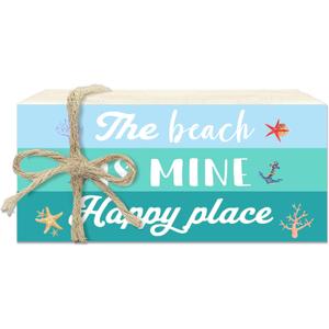 2 x 3 Pcs Summer Beach Decorative Book Stacks For Home Decor, Wood Book Stack For Table Decor, Dining Living Room Shelf Decoration, Blue Rustic Summer Decoration For Office Outdoor, A11