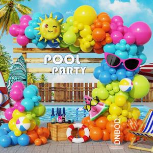 134Pcs Tropical Summer Beach Pool Party Balloon Garland Arch Kit,with Inflatable Beach Balls,Watermelon,Sun Foil Balloons for Hawaiian Luau Birthday Graduation Party Decorations - Hot Pink Yellow Blue, 10.24"x10.24"