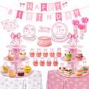 2 x 198pcs Pink Bow Birthday Party Decorations Serve 24, Include Plates Napkins Cups, Cupcake Stands, Birthday Banner, Cake Toppers, Silverware, Tablecloth Coquette Bow-themed Supplies for Girls&Women