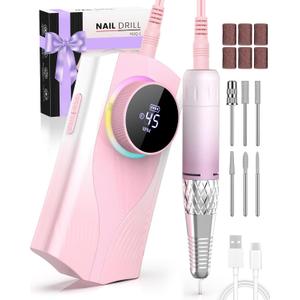 Nail Filer Electric Nail Drill Professional, Kisufu 45000 RPM Rechargeable Efile Nail Drill Kit with Smart Led, 1800mAh, Portable Nail Grinder for Salon Home Use, Women's Day Gifts (Pink).