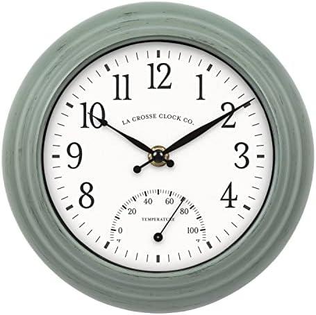 La Crosse Clock 433-3020 8-inch Indoor/Outdoor Sage Green Quartz Wall Clock with Temperature