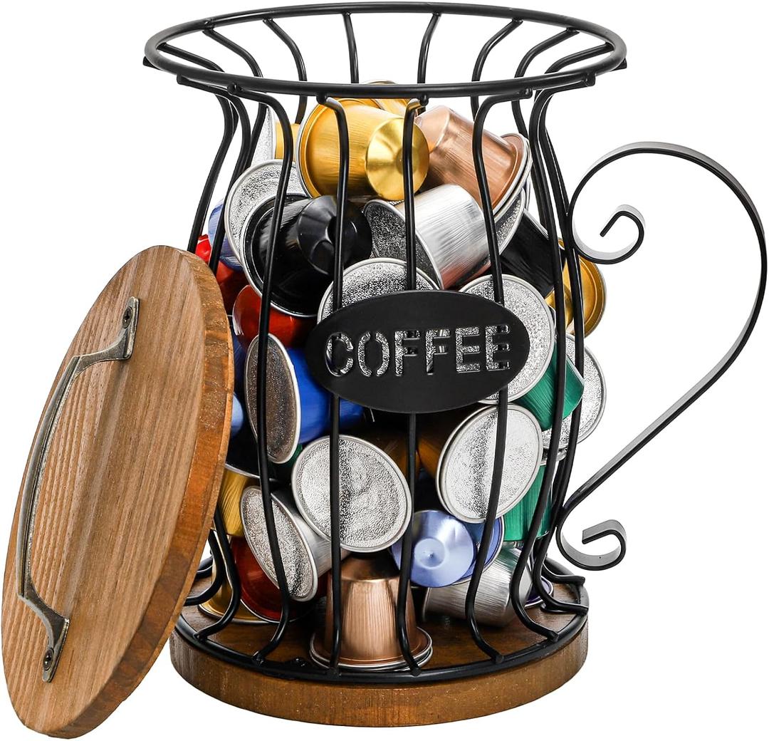WRINGKIT Rustic Coffee Pod Holder with Lid, K Cup Pods Holder for Counter, Large Capacity Black Wire Coffee Pod Filter Storage Basket for Espresso Capsule, Wooden Base
