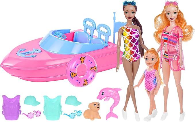 dollbie Fashion Dolls and Boat Playset - 11.5 Inch Dolls with Swimwear, Life Vests, Accessories, 5.5 Inch Doll, Pet Puppy and Dolphin Toy - Summer Beach Adventure Gift Set for Girls