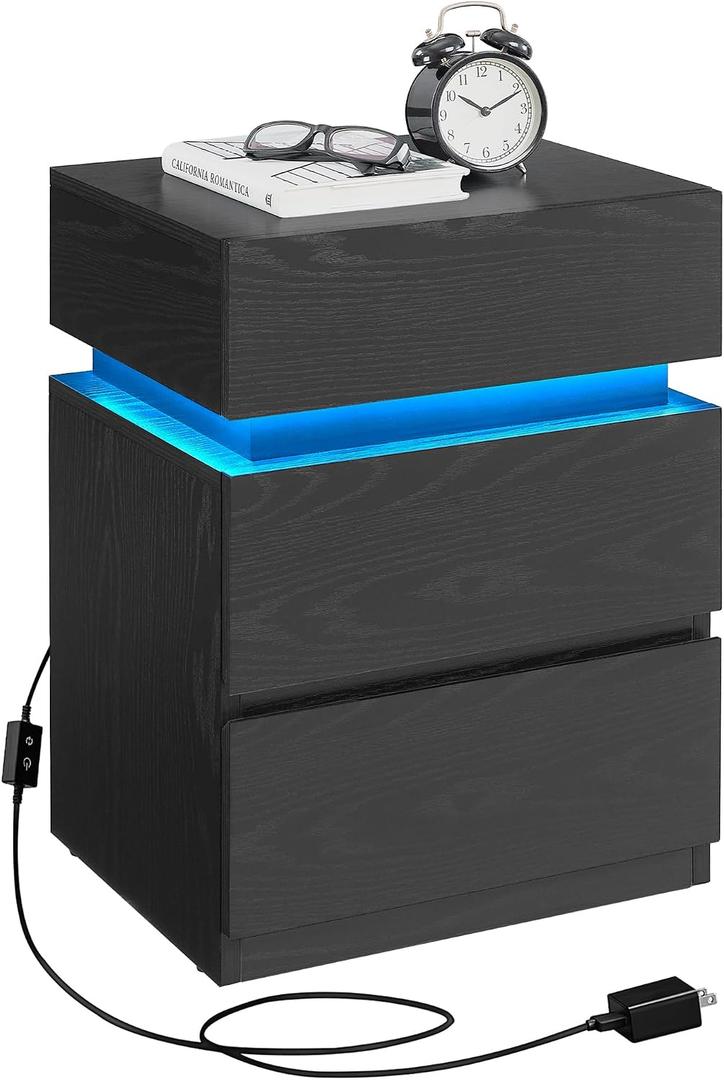 VASAGLE Nightstand with LED Lights, Adjustable Light Colors, Bedside Table, Side Table with 3 Drawers, Modern Style, 13.8 x 15.7 x 21.7 Inches, Ebony Black LET630T58, 1 Pack