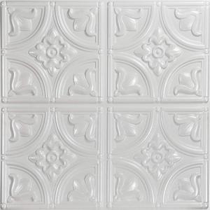 From Plain To Beautiful In Hours 148 Tiny Tulips PVC 2' x 2' Glue-up Ceiling Tile (Covers / 100 sq.ft), White Pearl, 25 Piece, Pack of 25