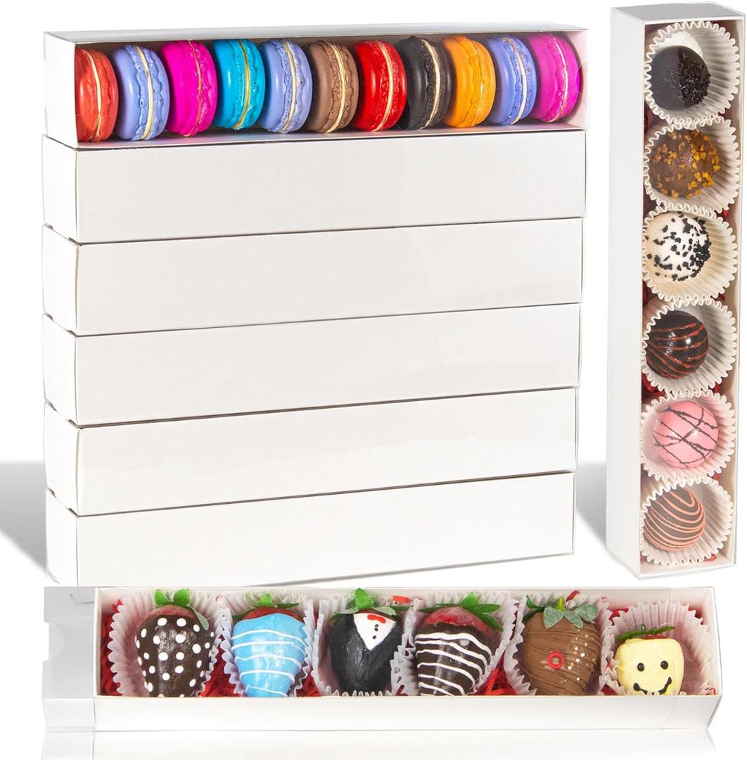 10Pack 12x2.2x2 Inches Chocolate Covered Strawberry Boxes for 6, Party Favorite Boxes for Macaron, Truffle,Cocoa Bombs,Cookies,Chocolate Covered Oreos,Mini Cupcakes,Cake Balls & More (White)