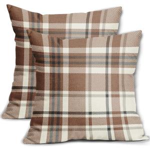 Brown Buffalo Plaid Pillow Covers 18x18 Set of 2 Checkered Tartan Decorative Pillowcases Christmas Holiday Seasonal Outdoor Neutral Rustic Farmhouse Throw Cushion Case Decor for Couch Sofa Bed