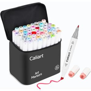 Caliart Pastel Alcohol Markers, 61 Colors Fine & Broad Chisel Dual Tip Permanent Art Markers with Carrying Case, Alcohol Based Sketch Pens for Adults Artists Coloring Painting Drawing Illustration