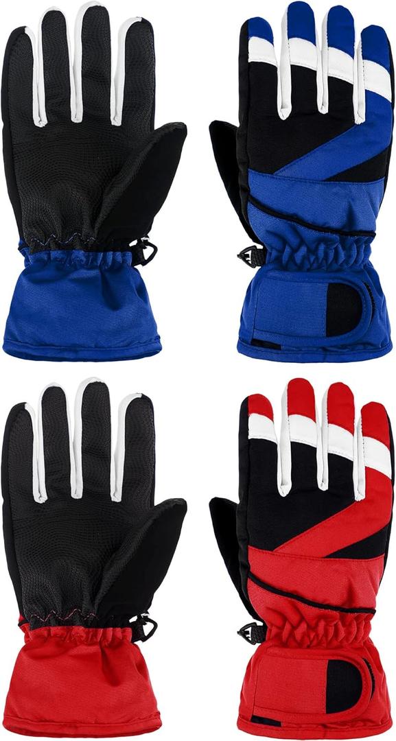 Janmercy 2 Pairs Kids Winter Gloves Waterproof Ski Gloves Snow Thermal Thick Warm Mittens for Cold Weather Children Boys Girls (6-10 Years, Royalblue, Red)