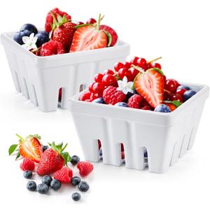ZEAYEA Set of 2 Melamine Berry Basket, Berry Bowl With Holes, Square Kitchen Fruit Basket for Christmas, 5" Colander for Strawberry, Grape, Cherry, Berries, Veggies