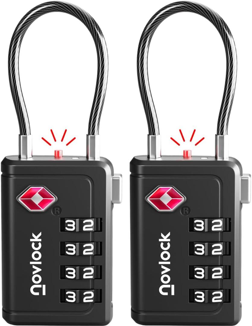TSA Approved Luggage Locks | Inspection Indicator, 4-Digit Combination, Durable Zinc Alloy | for Suitcases, Backpacks, Travel Bags | Black, 2-Pack