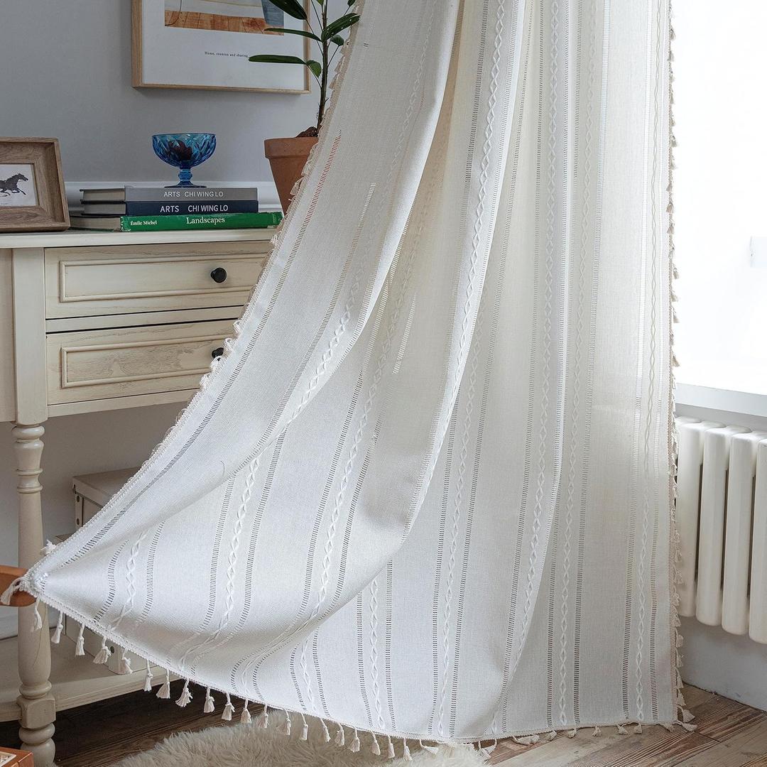 Sutuo Home Boho Curtain for Bedroom 96 Inches Long, Semi-Blackout Rustic Country Linen Embroidery Vintage Tassels Hollow Window Treatment Bohemian Drape, 1 Panel 52" W x 96" L, Ivory