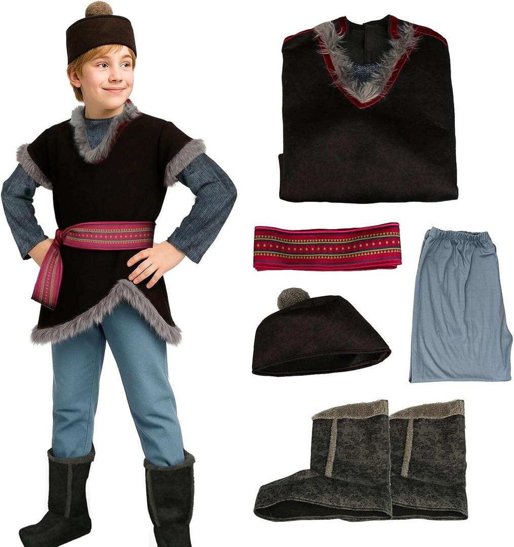 MORROWIND Kids 5 Pieces Medieval Costume Brown Tunic Top Pants Belt Hat Boot Covers Full Set Halloween Cosplay Outfit (Large)