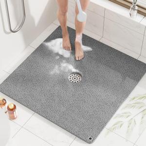 HITSLAM Shower Mat, 32x32 Inch Square Non Slip Bathtub Mat, Soft PVC Loofah Bath Mat for Tub with Hanging Holes, Quick Drying Shower Floor Mat, Without Suction Cups, Grey